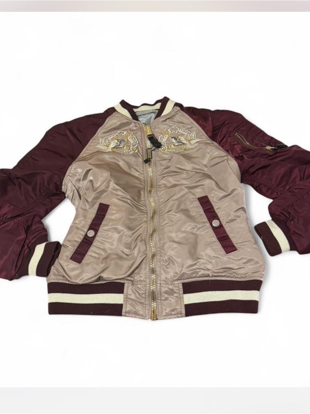 Alpha Industries Two-Tone Satin Bomber Jacket in Burgundy and Beige